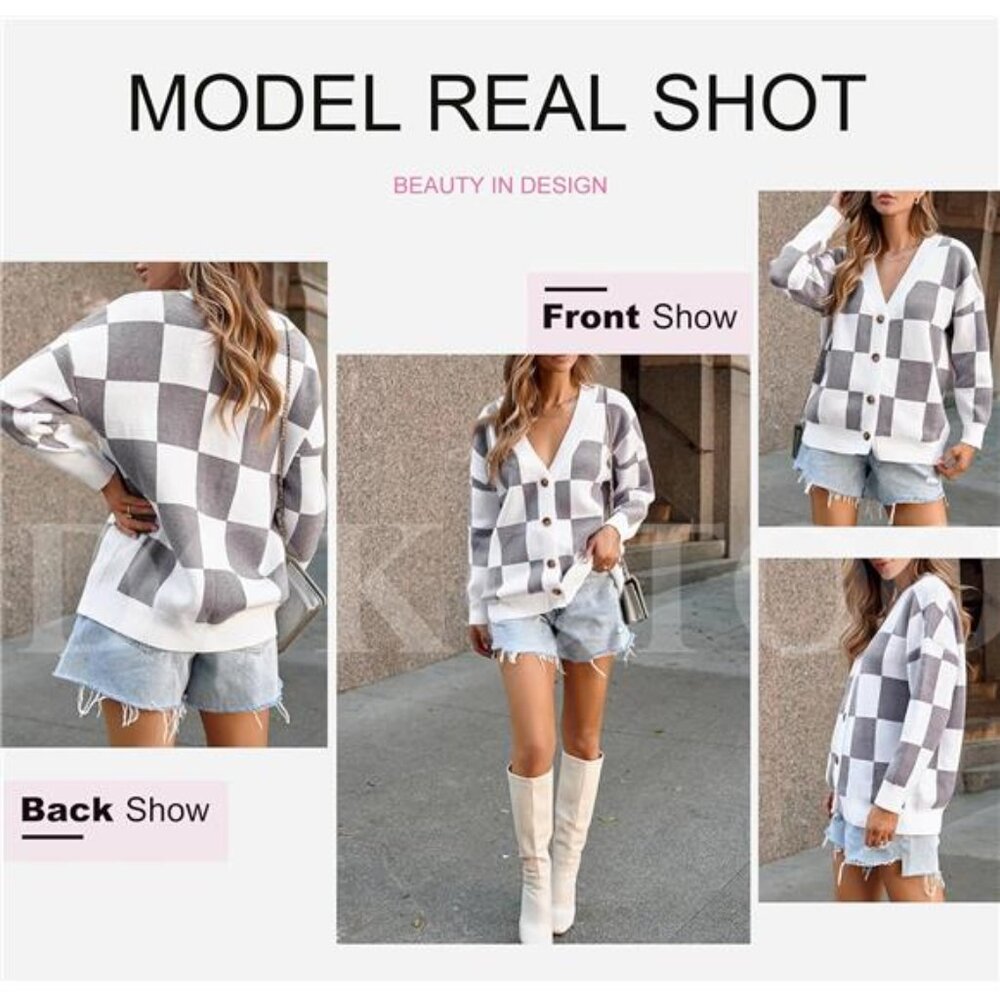NEW Womens Plaid V Neck Button Down Long Sleeve Cable Knit Oversized Cardigan - Picture 4 of 6